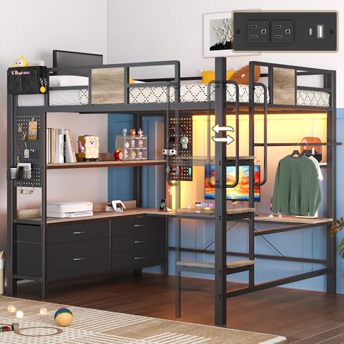 Dnxao Full Loft Bed with Desk and 5 Storage Drawers